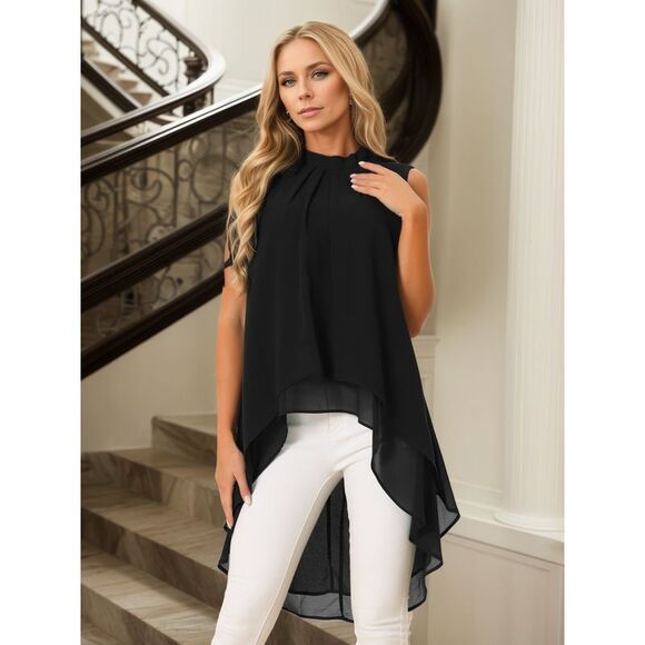 Casual Tie Back Asymmetrical Sleeveless Mock Neck Flowy Blouse Tops Black - Picture 2 of 6
